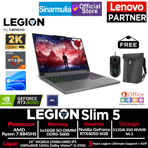 Lenovo Legion Slim 5 Ryzen 7 8845HS RTX4050 512GB SSD 16GB 165Hz 100%sRGB Win11+OHS