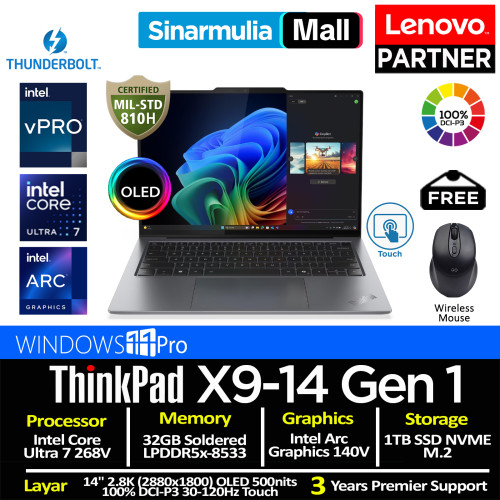 Lenovo ThinkPad X9-14 Gen 1 Aura Edition Ultra 7 268V 1TB SSD 32GB 2.8K OLED 100%sRGB 120Hz Touch Win11Pro