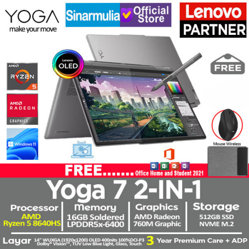 Lenovo Yoga 7 2IN1 Ryzen 5 8640HS 512GB SSD 16GB OLED Touch Win11+OHS