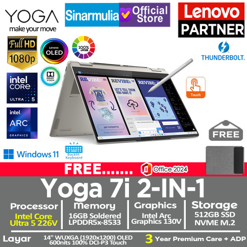 Lenovo Yoga 7i 2IN1 Ultra 5 226V 512GB SSD 16GB WUXGA OLED 120Hz 100%sRGB Copilot+ Touch Win11+OHS
