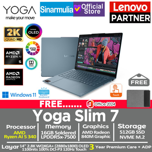 Lenovo Yoga Slim 7 Ryzen AI 5 340 512GB SSD 16GB 2.8K WQXGA+ OLED 120Hz 100%sRGB Copilot+ Touch Win11+OHS Lenovo Yoga Slim 7 Ryzen AI 5 340 512GB SSD 16GB 2.8K WQXGA+ OLED 120Hz 100%sRGB Copilot+ Touch Win11+OHS