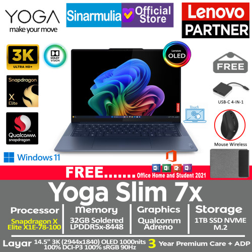 Lenovo Yoga Slim 7X Snapdragon X Elite 1TB SSD 32GB Qualcomm Adreno 3K OLED Touch Win11+OHS1