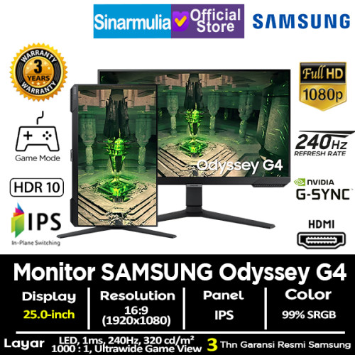 Monitor Gaming LED Samsung 25" Odyssey G4 240Hz IPS 1ms FHD HDR101