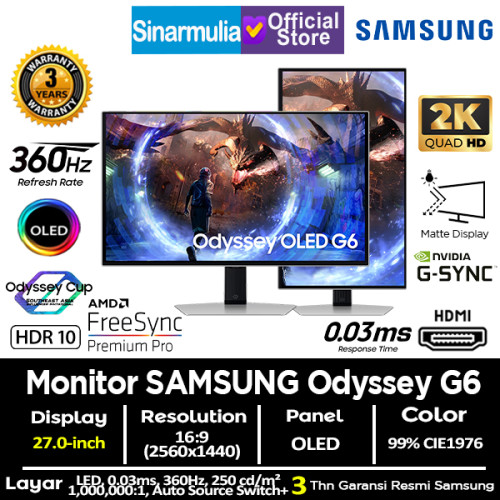 Monitor Gaming LED Samsung 27" Odyssey OLED G6 G60SD QHD 360Hz 0.03ms HDR10+