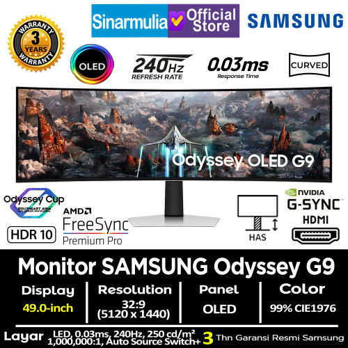 Monitor Gaming LED Samsung 49" Odyssey OLED G9 G93SC DQHD 240Hz 0.03ms HDR10+