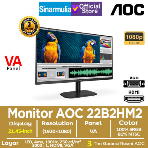 Monitor LED AOC 22B2HM2 21.45" VA 100Hz 4ms 100%sRGB1