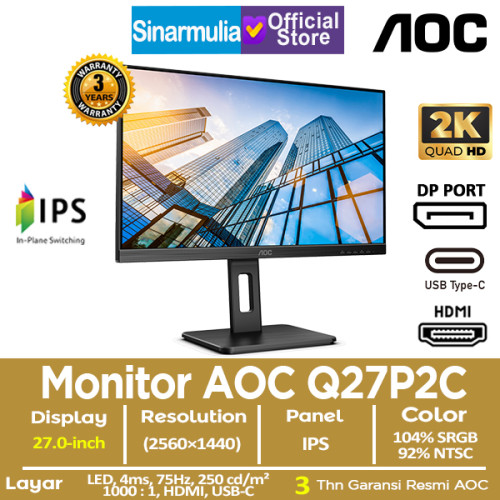 Monitor LED AOC Q27P2C 27" IPS 75Hz 4ms 100%sRGB1