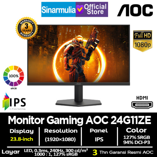 Monitor LED Gaming AOC 24G11ZE 23.8" IPS FHD 240Hz 0.3ms 100%sRGB HDMI2