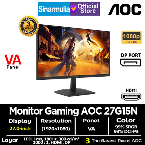 Monitor LED Gaming AOC 27G15N 27" VA 180Hz 1ms 99%sRGB