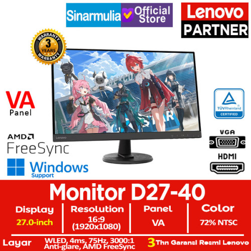Monitor LED Lenovo D27-40 27" VA 75Hz 4ms HDMI VGA Eye Caring