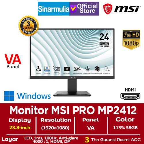 Monitor LED MSI PRO MP2412 23.8" FHD VA 100Hz 1ms 100%sRGB