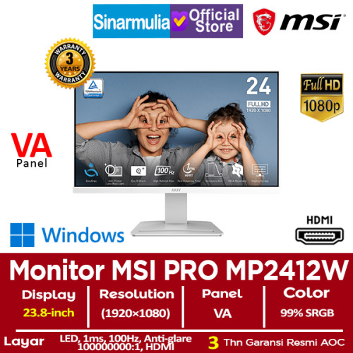 Monitor LED MSI PRO MP2412W 23.8" FHD VA 100Hz 1ms 99%sRGB