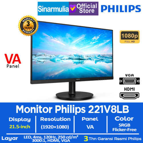 Monitor LED Philips 221V8LB 21.5" FHD VA 120Hz 4ms HDMI VGA