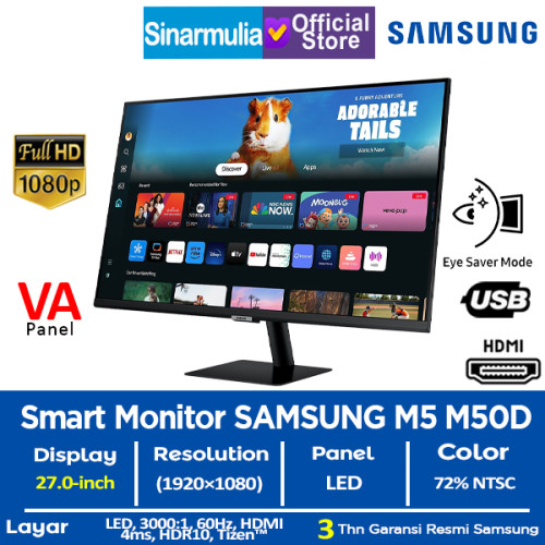 Monitor LED Samsung 27" Smart Monitor M5 M50D S27DM500 FHD VA HDR Ultrawide HDMI3