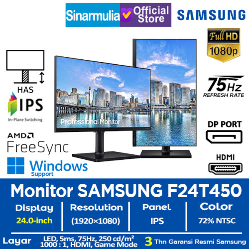 Monitor LED Samsung F24T450 24" IPS 75Hz HDMI HAS FreeSync1