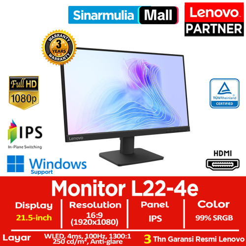 Monitor Lenovo LED L22-4e 21.5" 100Hz IPS HDMI 99%sRGB Eyesafe Display3