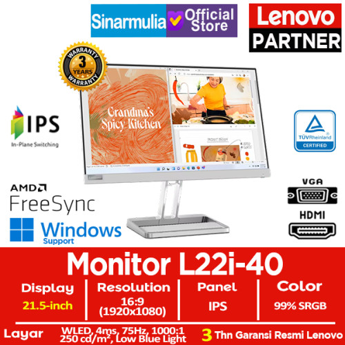 Monitor Lenovo LED L22i-40 21.5" 75Hz IPS 99%sRGB HDMI Eye Comfort