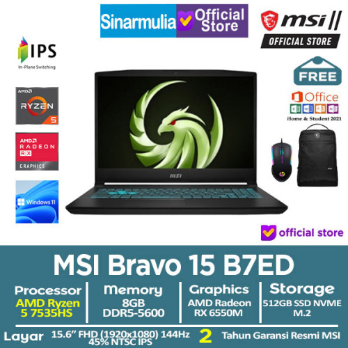 MSI Bravo 15 B7ED Ryzen 5 7535HS 512GB SSD 8GB RX6550M IPS 144Hz W11