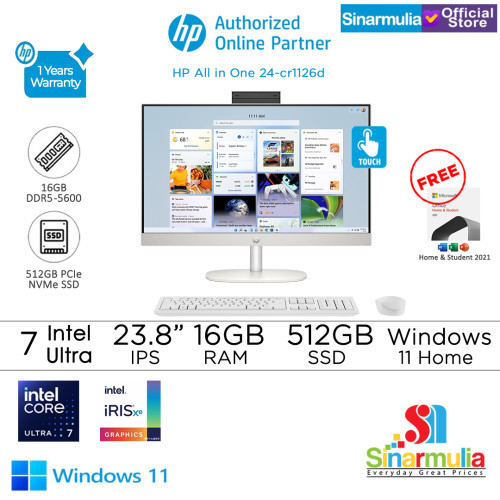 PC AIO HP 24-cr1126d Intel Ultra 7 155U 512GB SSD 16GB Iris Xe FHD Touch Win11+OHS