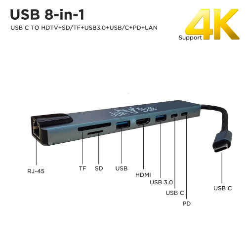 USB TYPE C HUB 8 IN 1 HDMI RJ45 SD/TF Support 4K5