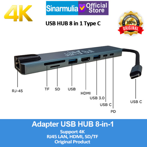 USB TYPE C HUB 8 IN 1 HDMI RJ45 SD/TF Support 4K