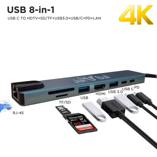 USB TYPE C HUB 8 IN 1 HDMI RJ45 SD/TF Support 4K6